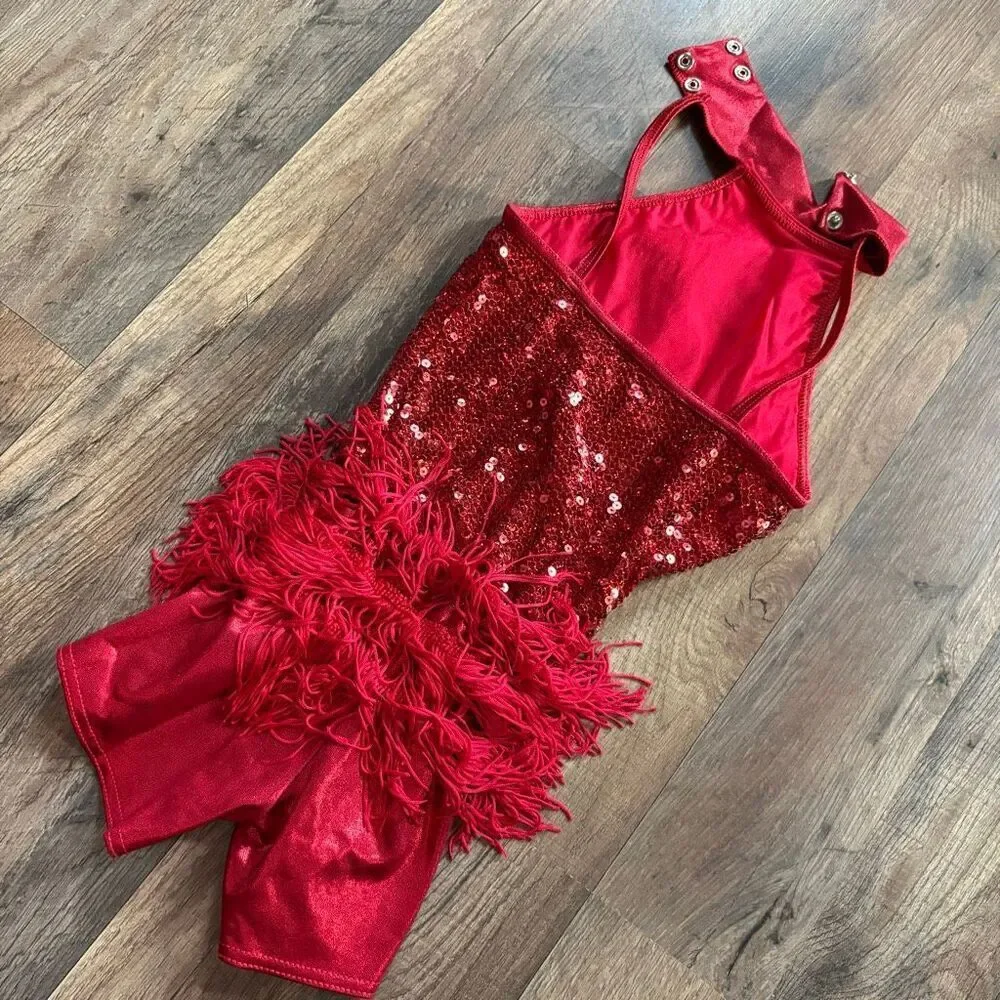 Weissman 9034 SC Red Fringe Sequin Romper Jazz Tap Acro Twirler Dance Costume